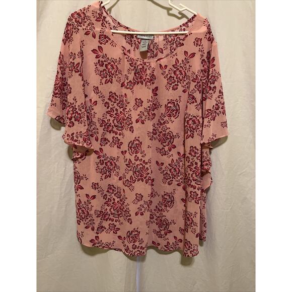 Catherines Womens Blouse 1X 18/20 Semi Sheer Boho Pink Floral Butterfly Sleeve - Picture 1 of 11